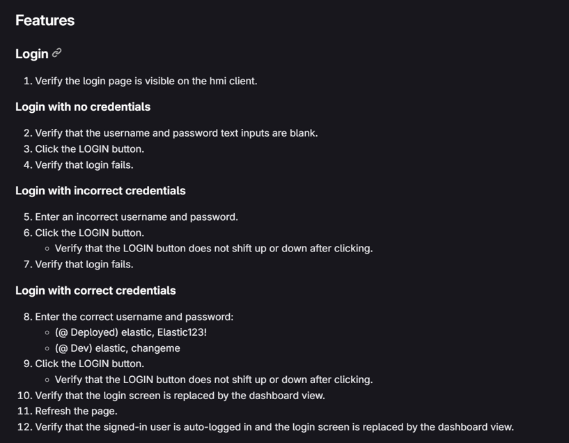 A regression test plan rendered in GitLab's plain markdown viewer, with no way to mark which step is current.