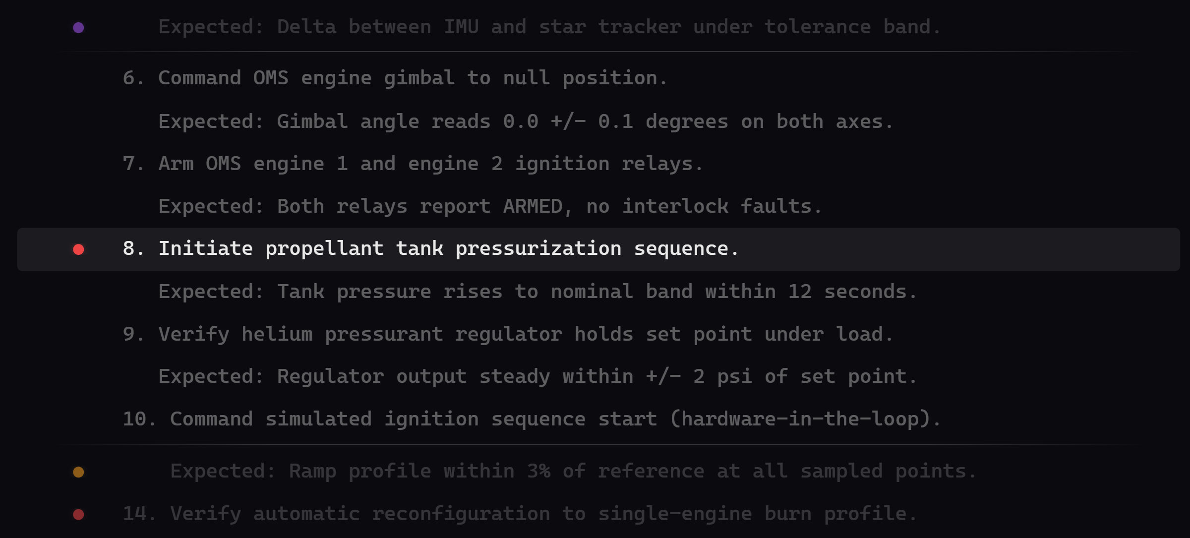 Regression Reader's Summary Mode, showing a test plan collapsed down to only the lines flagged with notes.