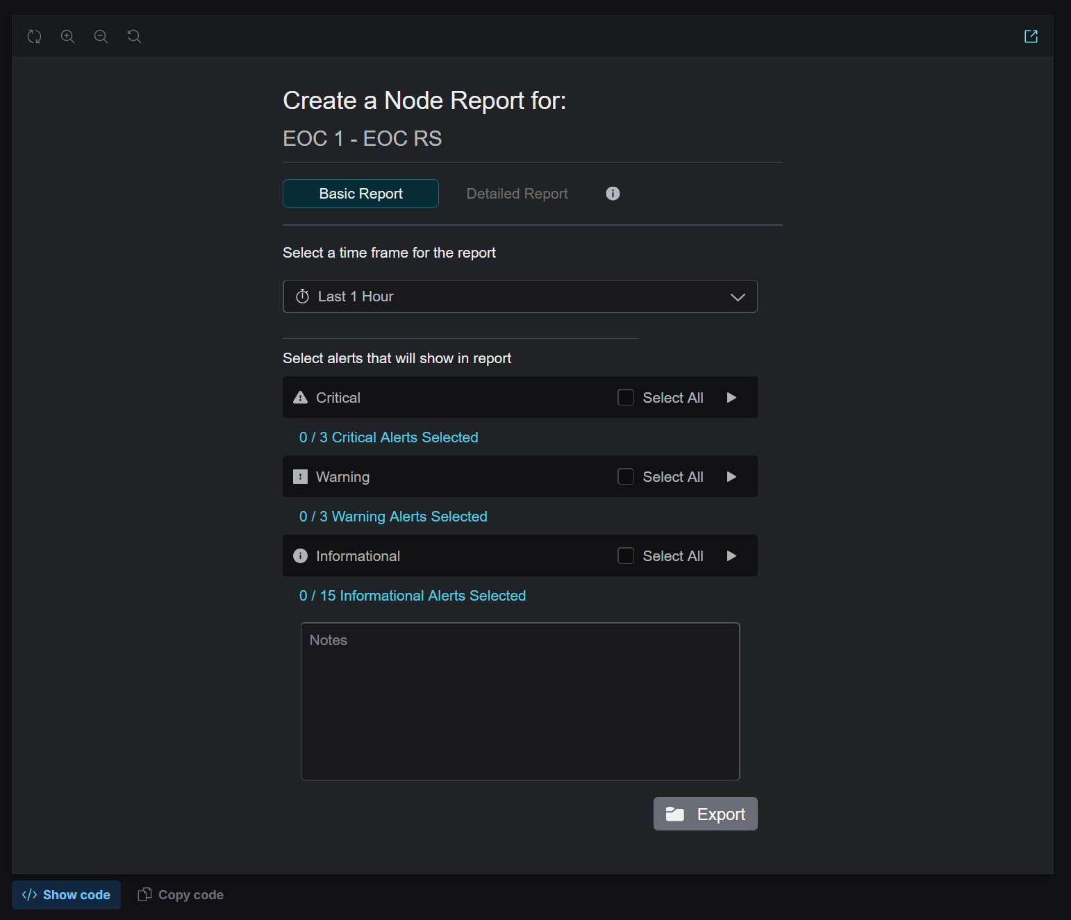 The "Create a Node Report" story — Basic and Detailed Report tabs, a time-frame picker, and Critical, Warning, and Informational alert groups with select-all controls, a Notes field, and an Export button.