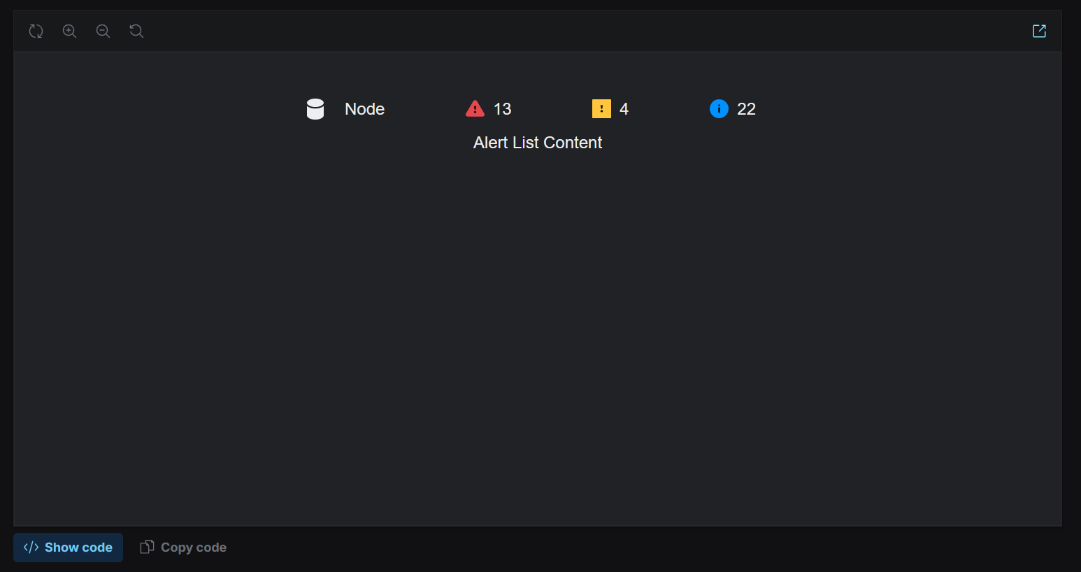 The node alert-list story — a node row with critical, warning, and informational alert counts above the alert list content area.