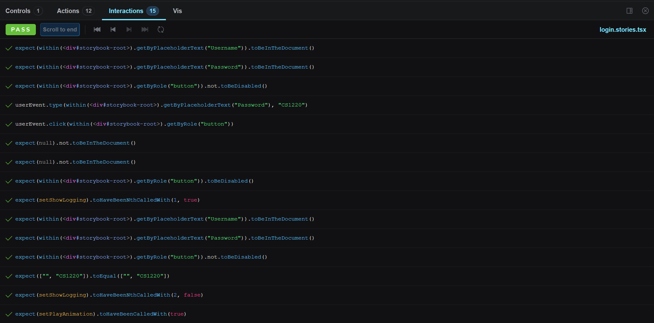 Storybook's Interactions panel for login.stories.tsx, showing a passing run of fifteen assertions and user events.